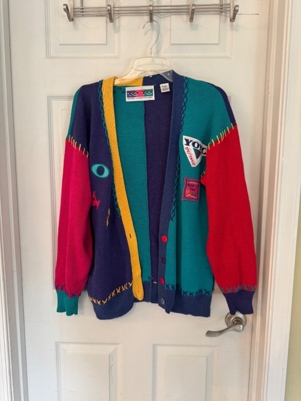 Vintage YOYO Colorblock Knit Cardigan Sweater Patch Primary ABC 90s 80s Small - Picture 3 of 10